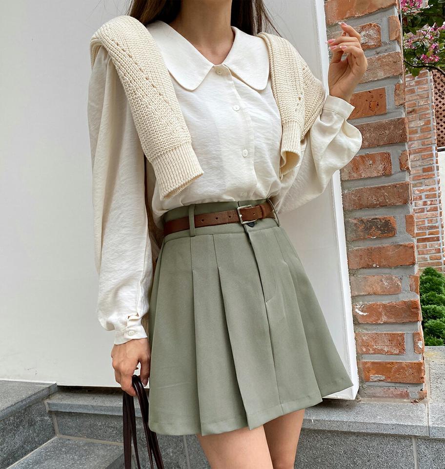 カラーボタンブラウス・t00003 レディース 【bl】トップス シャツブラウス ブラウス 長袖 襟コン 丸襟 パフスリーブ 単色 無地 シンプル ガーリー かわいい 可愛い ボリューム袖 春 秋 韓国ファッション