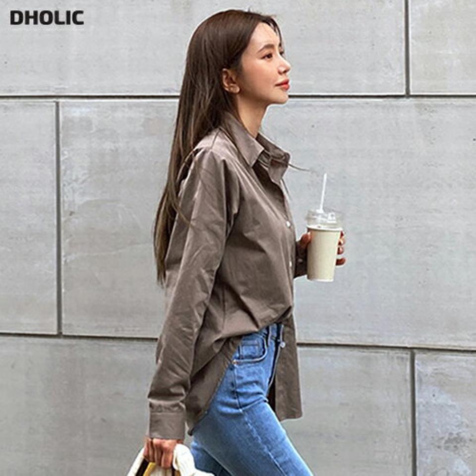 コットンオーバーサイズシャツ・t00004 レディース 【bl】トップス シャツ 長袖 オーバーサイズ ゆったり コットン 綿 単色 無地 シンプル 大人 きれいめ ベーシック ブラウン 茶色 オフィス スクールガール 春 秋 冬 韓国ファッション