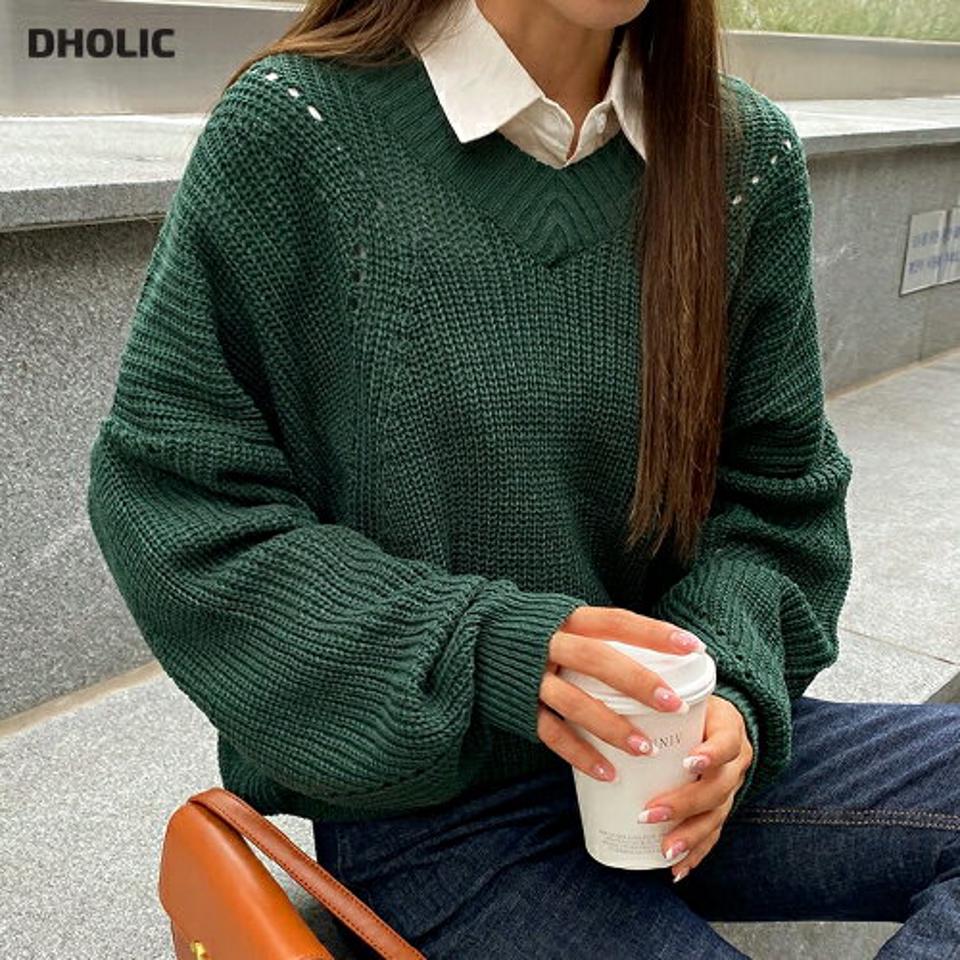 Vネックルーズニット・b00014 レディース 【tops】トップス ニット 長袖 カラーニット カジュアル ルーズ Vネック 単色 無地 シンプル ベーシック 緑 グリーン ざっくり アクリル スクールガール クリスマス 秋 冬 韓国ファッション 人気