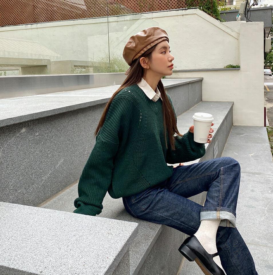 Vネックルーズニット・b00014 レディース 【tops】トップス ニット 長袖 カラーニット カジュアル ルーズ Vネック 単色 無地 シンプル ベーシック 緑 グリーン ざっくり アクリル スクールガール クリスマス 秋 冬 韓国ファッション 人気