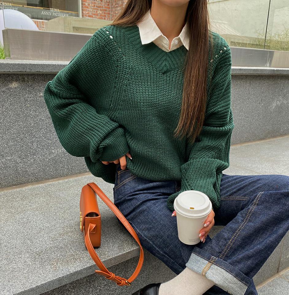 Vネックルーズニット・b00014 レディース 【tops】トップス ニット 長袖 カラーニット カジュアル ルーズ Vネック 単色 無地 シンプル ベーシック 緑 グリーン ざっくり アクリル スクールガール クリスマス 秋 冬 韓国ファッション 人気