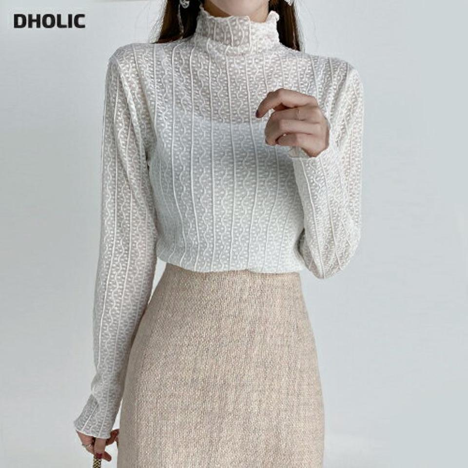 シースルーレースハイネックブラウス・b68619 レディース 【bl】トップス ブラウス 長袖 ハイネック 透け感 シアー シースルー フェミニン メロウ かわいい 大人 レイヤード 模様 上品 春 秋 韓国ファッション 人気 クリスマス