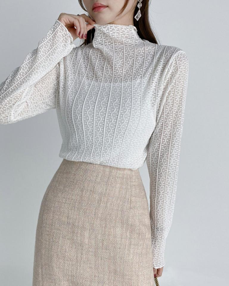 シースルーレースハイネックブラウス・b68619 レディース 【bl】トップス ブラウス 長袖 ハイネック 透け感 シアー シースルー フェミニン メロウ かわいい 大人 レイヤード 模様 上品 春 秋 韓国ファッション 人気 クリスマス