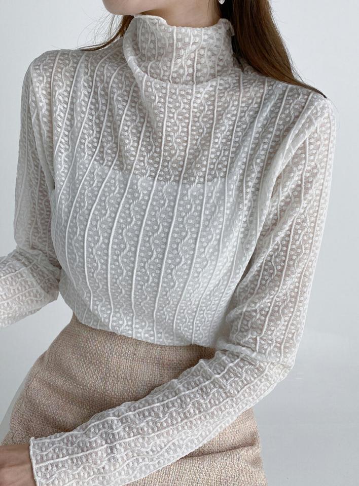 シースルーレースハイネックブラウス・b68619 レディース 【bl】トップス ブラウス 長袖 ハイネック 透け感 シアー シースルー フェミニン メロウ かわいい 大人 レイヤード 模様 上品 春 秋 韓国ファッション 人気 クリスマス