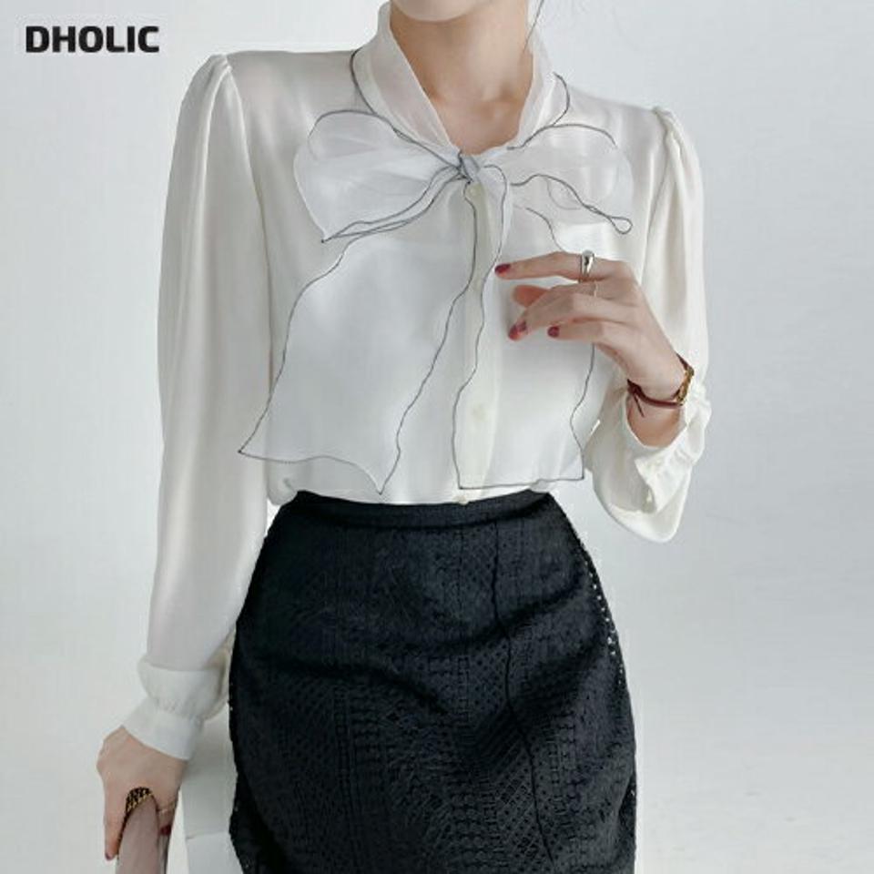 オーガンジーリボンシアーブラウス・b68624 レディース 【bl】トップス ブラウス 長袖 ボウタイ りぼん オーガンジー きれいめ 上品 オフィス パフスリーブ 透け感 シアー シースルー デコラティブ オケージョン 秋 骨格ウェーブ 韓国ファッション