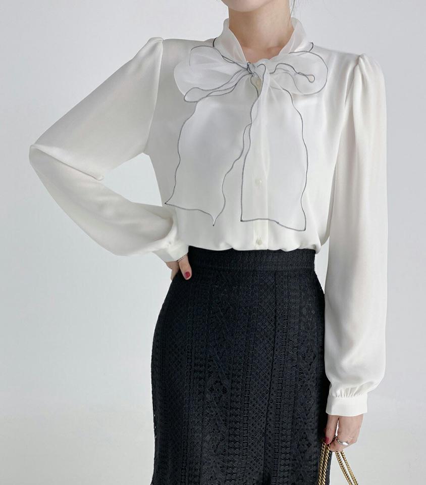 オーガンジーリボンシアーブラウス・b68624 レディース 【bl】トップス ブラウス 長袖 ボウタイ りぼん オーガンジー きれいめ 上品 オフィス パフスリーブ 透け感 シアー シースルー デコラティブ オケージョン 秋 骨格ウェーブ 韓国ファッション