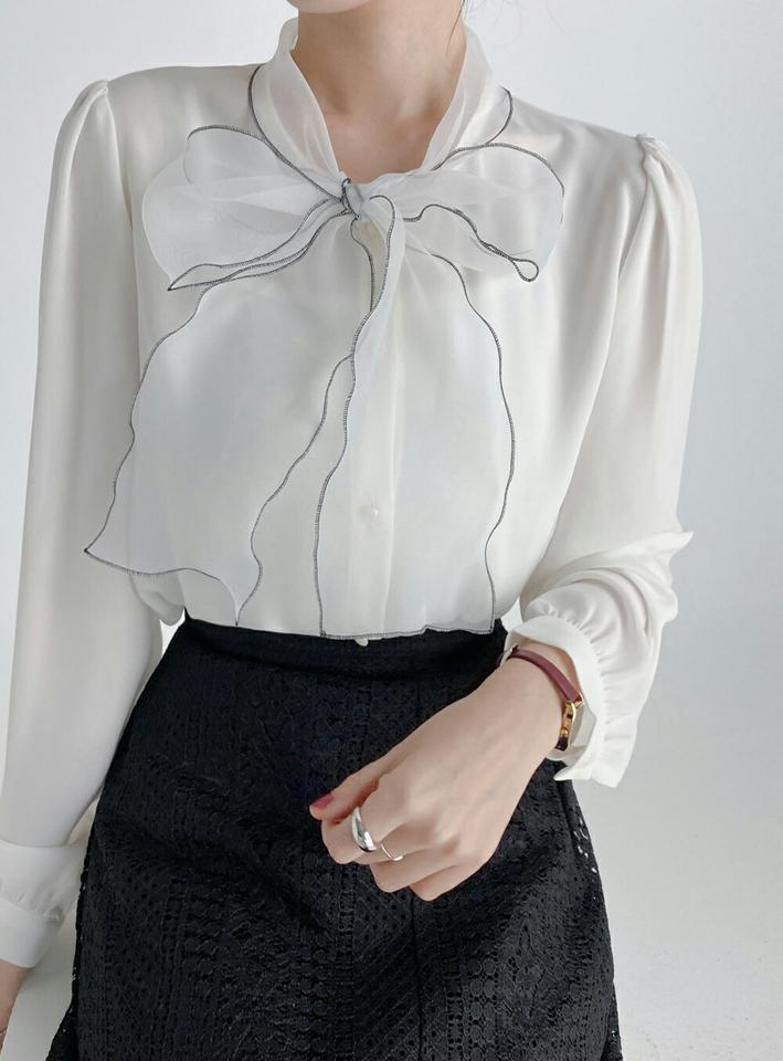 オーガンジーリボンシアーブラウス・b68624 レディース 【bl】トップス ブラウス 長袖 ボウタイ りぼん オーガンジー きれいめ 上品 オフィス パフスリーブ 透け感 シアー シースルー デコラティブ オケージョン 秋 骨格ウェーブ 韓国ファッション