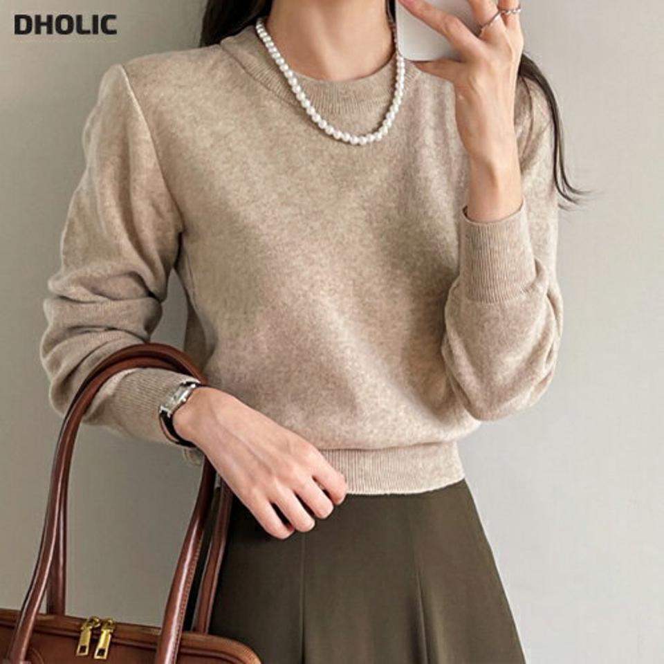 クロップドラウンドネックニット・t00002 レディース 【tops】トップス ニット 長袖 ラウンドネック クロップド丈 単色 無地 シンプル ベーシック 大人 年上 ベージュ メランジカラー カジュアル ラフ 秋 冬 韓国ファッション 人気