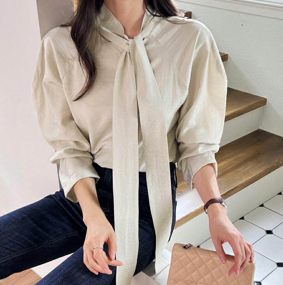 シアーネックリボンブラウス・t00004 レディース 【bl】トップス ブラウス 長袖 ボウタイ りぼん リボン 襟コン シアー シースルー 大人 かわいい 単色 無地 パフスリーブ デコラティブ オケージョン ボリューム袖 春 秋 フレンチ ボリュームスリーブ 韓国ファッション