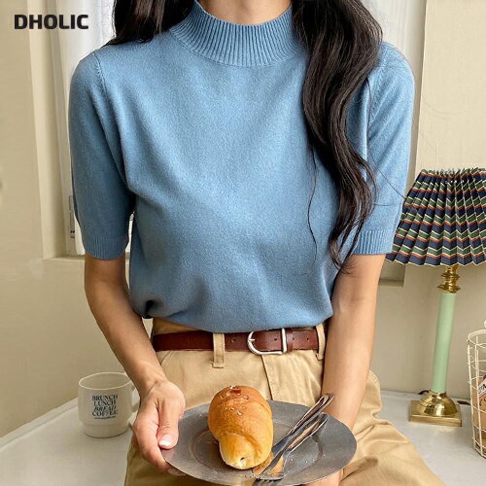 ハーフネック半袖ニット・b00021 レディース 【tops】トップス ニット 半袖 ハーフスリーブ ハーフネック 単色 無地 シンプル ベーシック 大人 カジュアル 水色 カラーニット ラフ メランジカラー アクリル 春 秋 韓国ファッション