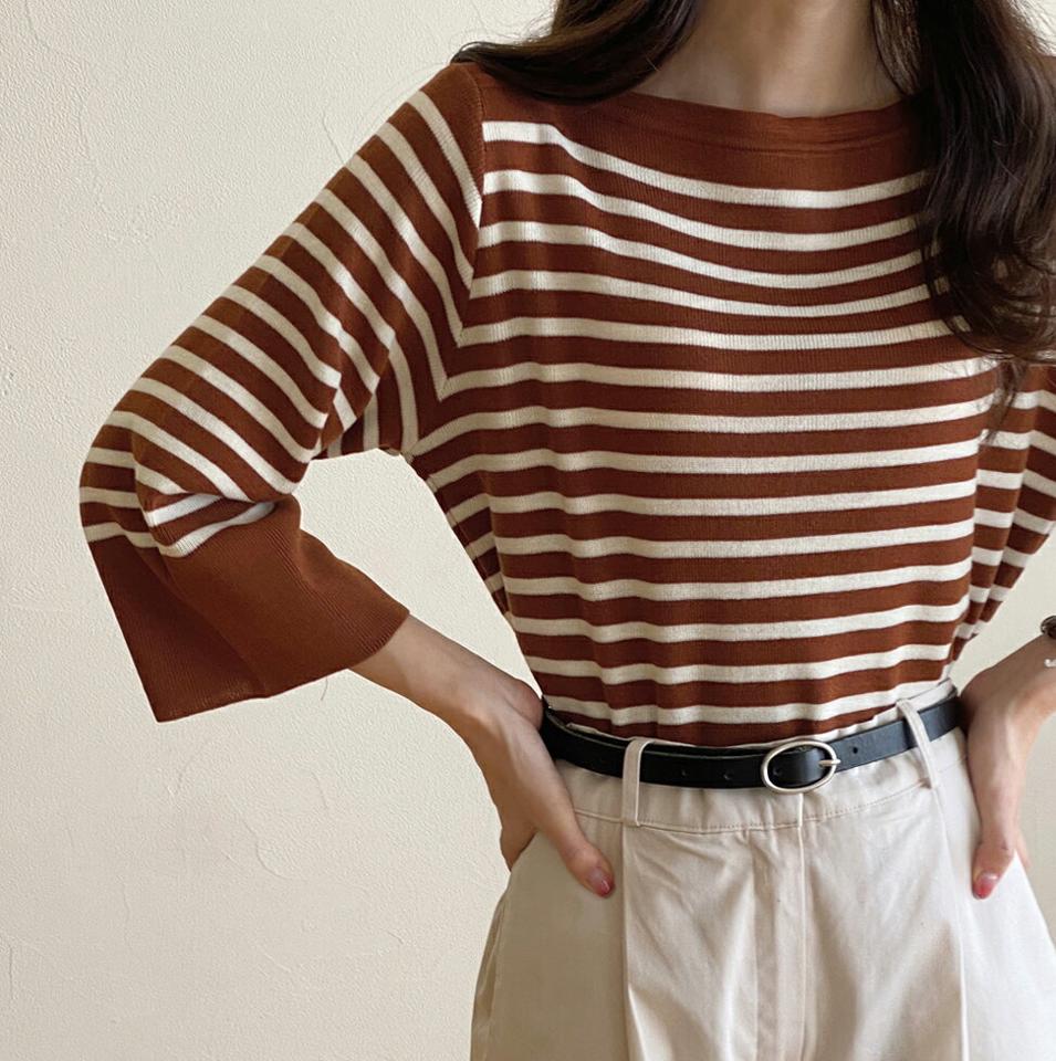 ボートネック7分袖ボーダーニット・b00003 レディース 【tops】トップス ニット 七分袖 7分袖 七分丈 7分丈 ボーダー柄 ボートネック 年上 大人 カジュアル モノトーン 配色 バイカラー シック アクリル 春 秋 韓国ファッション