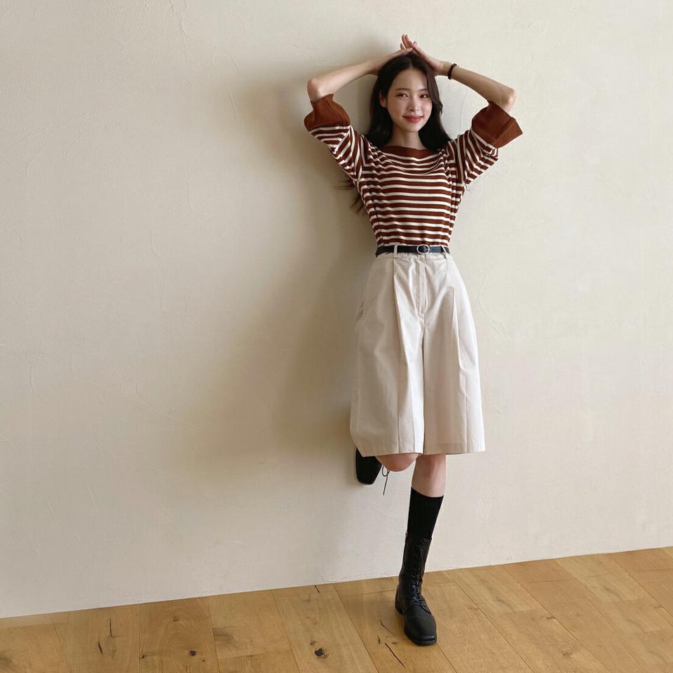 ボートネック7分袖ボーダーニット・b00003 レディース 【tops】トップス ニット 七分袖 7分袖 七分丈 7分丈 ボーダー柄 ボートネック 年上 大人 カジュアル モノトーン 配色 バイカラー シック アクリル 春 秋 韓国ファッション