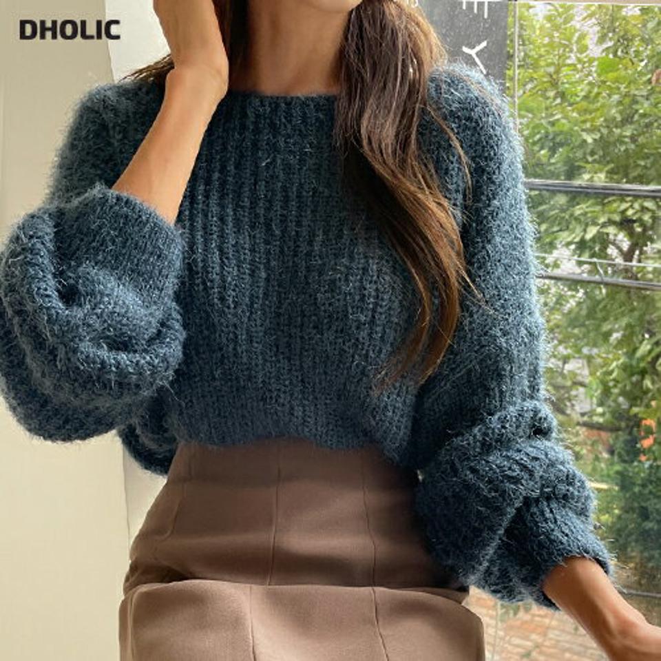 ボートネックファータッチニット・t00023 レディース 【tops】トップス 長袖 ボートネック 単色 無地 青 リブ カジュアル ベーシック ゆったり カラーニット ファータッチ ふわふわ ドロップショルダー ざっくり 秋 冬 韓国ファッション 人気