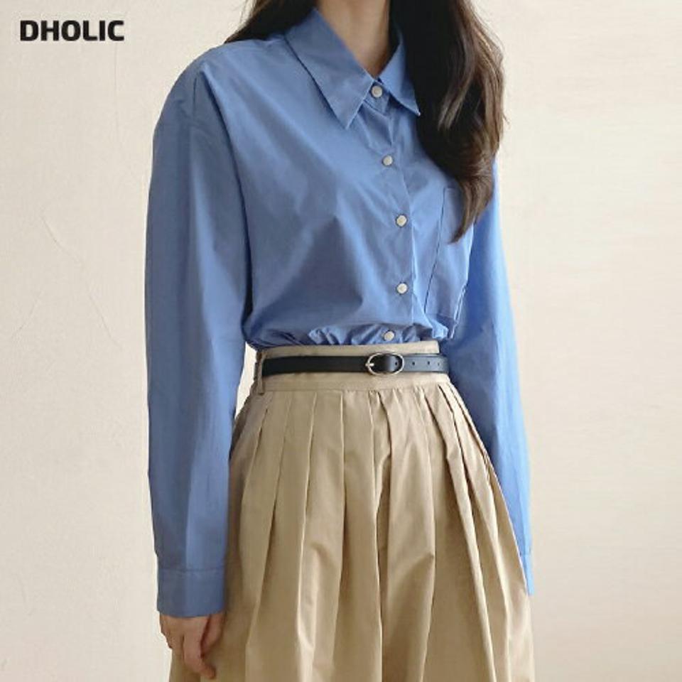 RY刺繍ポケットコットンシャツ・t00007 レディース 【bl】トップス シャツ 長袖 襟 コットン 綿 ポケット 刺繍 ロゴ 青 カラーシャツ オフィス 大人 爽やか シンプル 単色 無地 ドロップショルダー スクールガール 骨格ストレート 春 秋 韓国ファッション