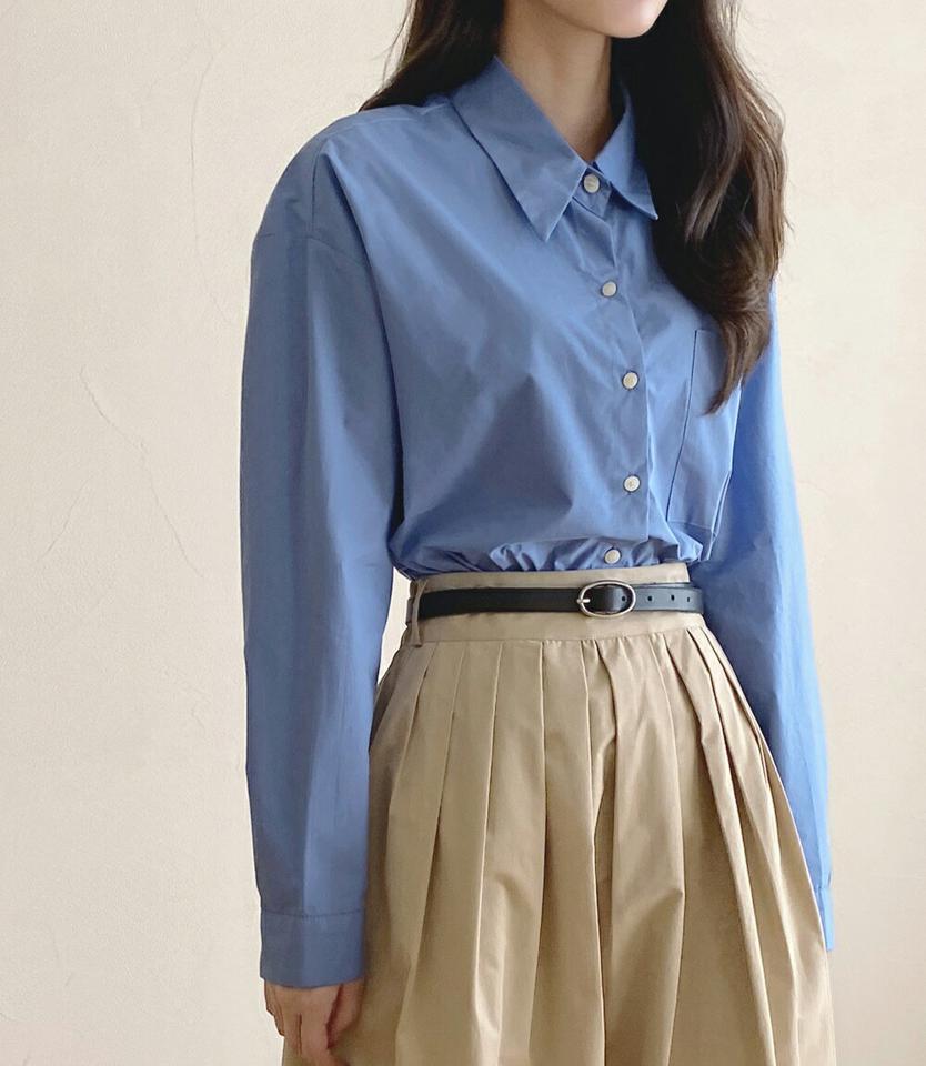 RY刺繍ポケットコットンシャツ・t00007 レディース 【bl】トップス シャツ 長袖 襟 コットン 綿 ポケット 刺繍 ロゴ 青 カラーシャツ オフィス 大人 爽やか シンプル 単色 無地 ドロップショルダー スクールガール 骨格ストレート 春 秋 韓国ファッション