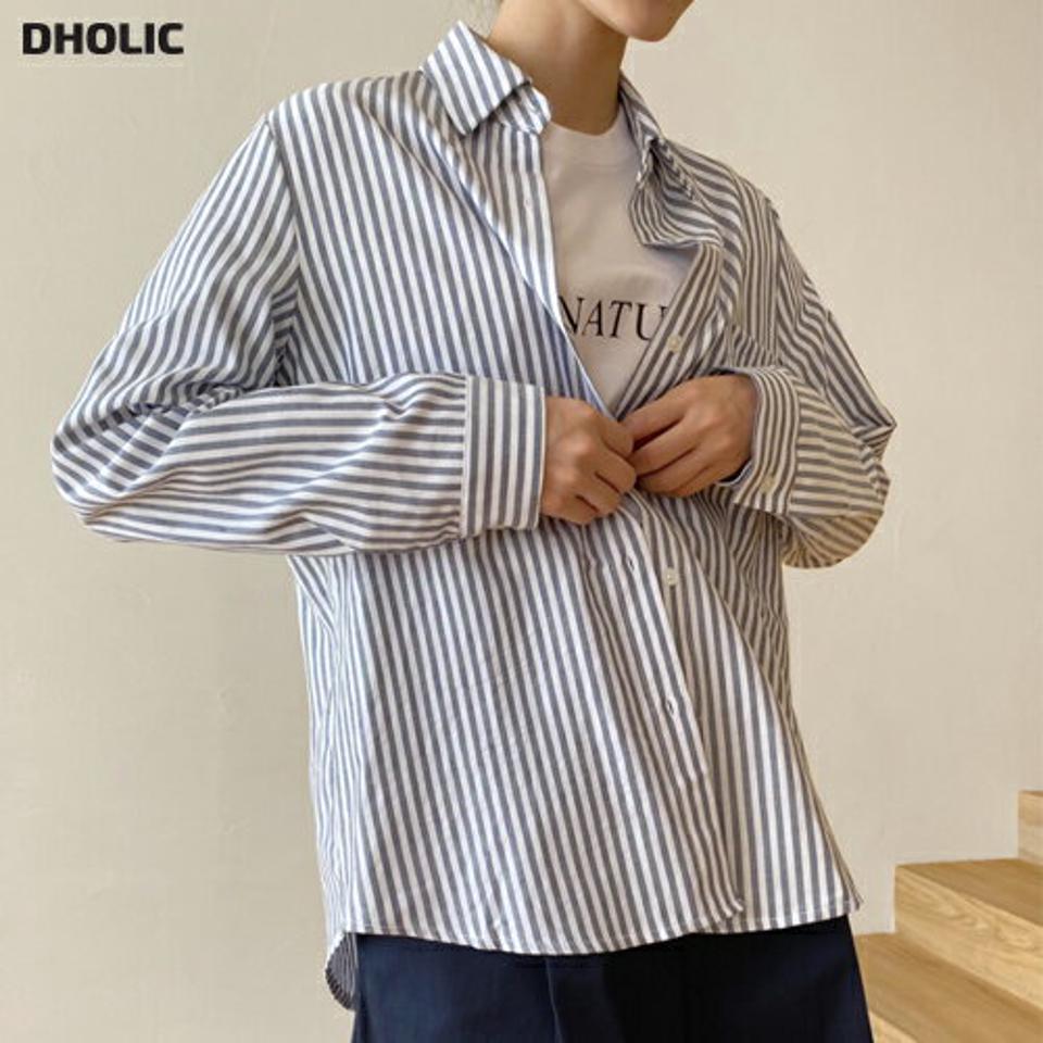 ポケットストライプシャツ・t00006 レディース 【bl】トップス シャツ ストライプ柄 爽やか 大人 オフィス 会社 水色 襟 ポケット 春 秋 韓国ファッション