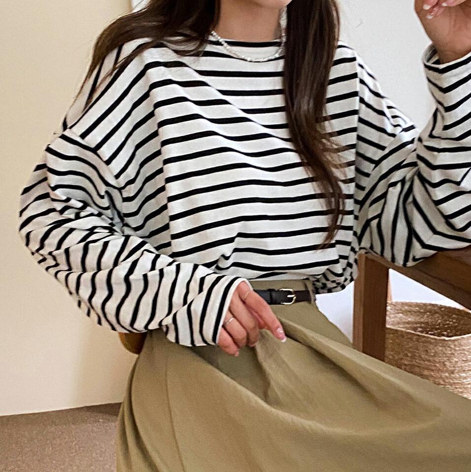 ボートネックボーダーTシャツ・t00019 レディース 【tops】トップス Tシャツ ロンT ボーダー柄 ボートネック カジュアル シンプル ラフ ボーダーT 大人 ドロップショルダー サイドスリット 春 秋 冬 韓国ファッション