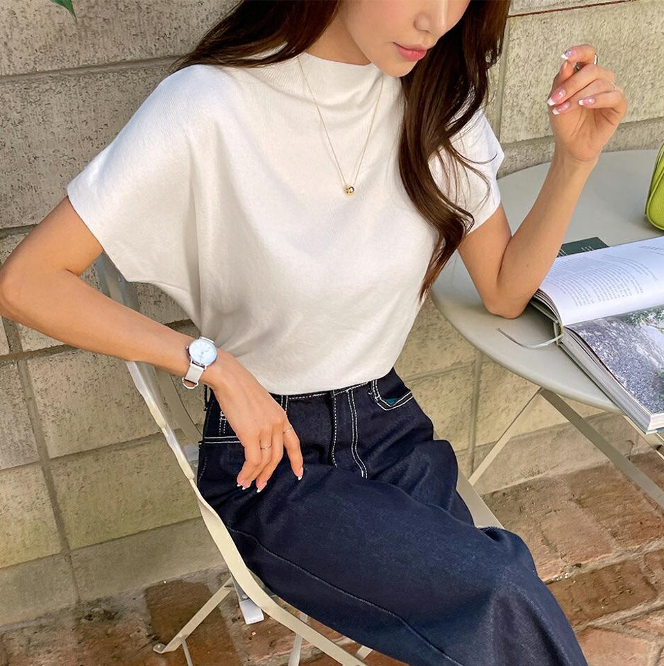 【4DAY限定SALE】ハーフネックドルマンニット・t00018 レディース 【tops】トップス ニット 半袖 ドルマンスリーブ ハーフネック 単色 無地 シンプル ベーシック 大人 カジュアル ショートスリーブ カットオフ 白 ホワイト 春 秋 韓国ファッション