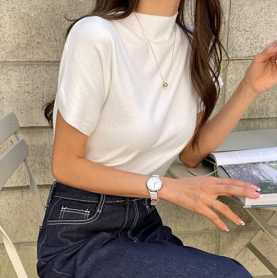 【4DAY限定SALE】ハーフネックドルマンニット・t00018 レディース 【tops】トップス ニット 半袖 ドルマンスリーブ ハーフネック 単色 無地 シンプル ベーシック 大人 カジュアル ショートスリーブ カットオフ 白 ホワイト 春 秋 韓国ファッション