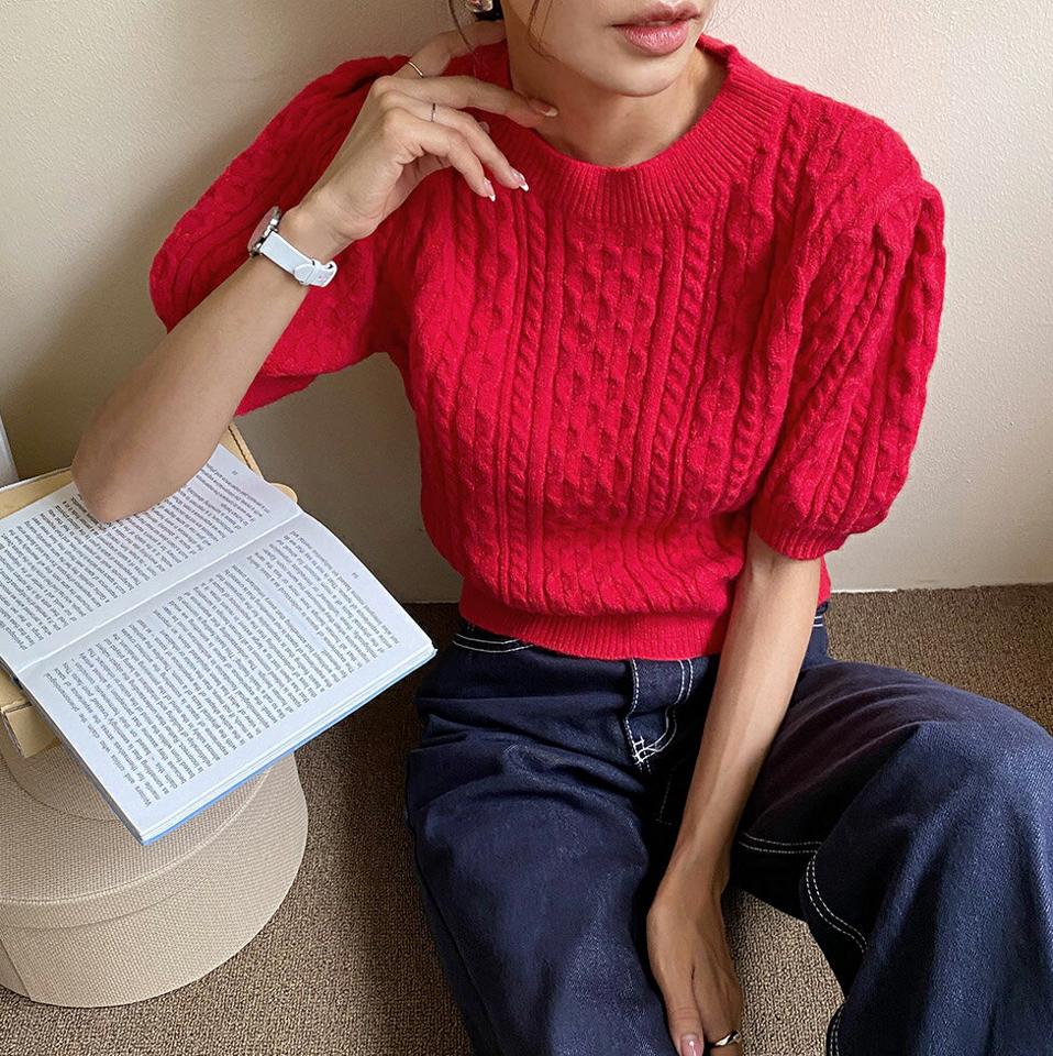 パフ半袖ケーブルニット・t00020 レディース 【tops】トップス ニット 半袖 ハーフスリーブ ケーブル編み パフスリーブ シンプル ラウンドネック かわいい 大人 白 ホワイト 二の腕カバー カジュアル 春 秋 韓国ファッション