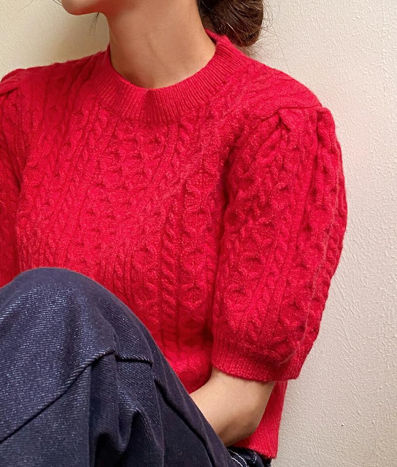 パフ半袖ケーブルニット・t00020 レディース 【tops】トップス ニット 半袖 ハーフスリーブ ケーブル編み パフスリーブ シンプル ラウンドネック かわいい 大人 白 ホワイト 二の腕カバー カジュアル 春 秋 韓国ファッション