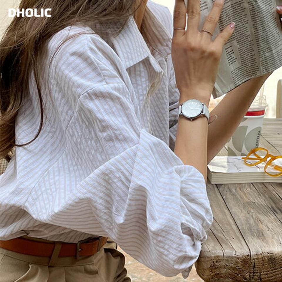 リンクルストライプシャツ・t00021 レディース 【bl】トップス シャツ ストライプ柄 長袖 リンクル 襟 オフィス 大人 会社 通勤 きれいめ 爽やか ドロップショルダー フレンチ 春 秋 韓国ファッション