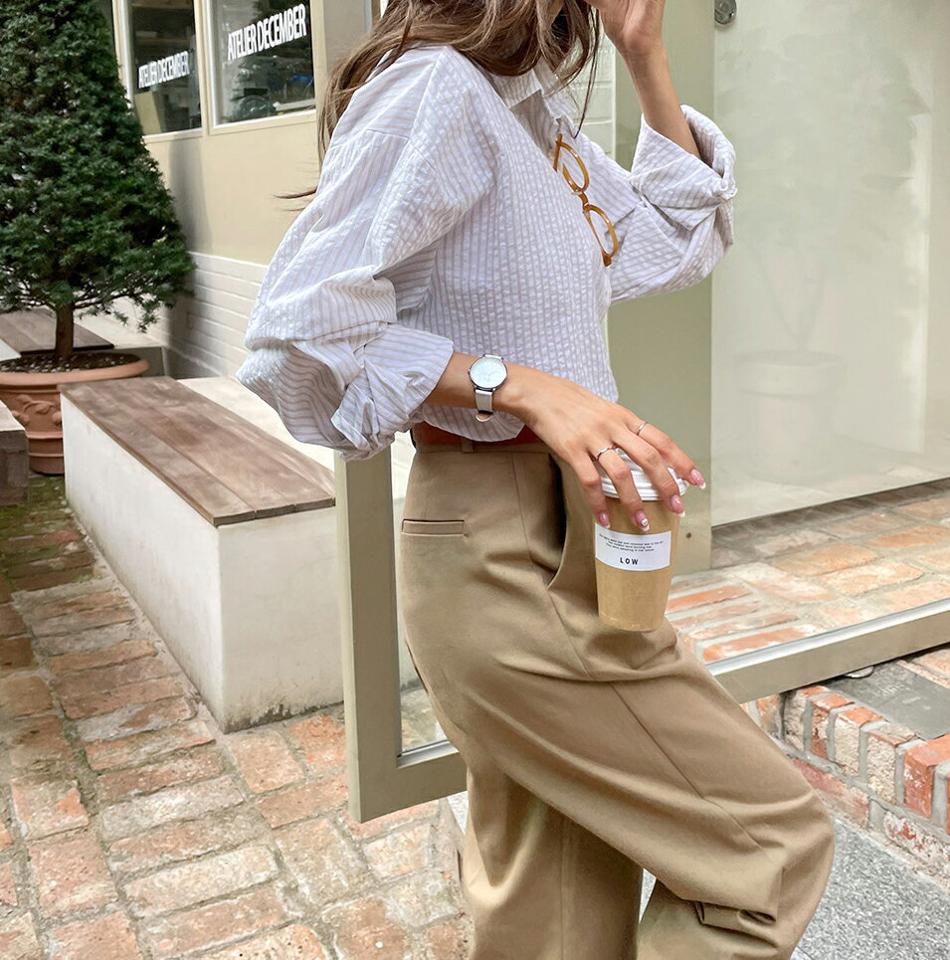 リンクルストライプシャツ・t00021 レディース 【bl】トップス シャツ ストライプ柄 長袖 リンクル 襟 オフィス 大人 会社 通勤 きれいめ 爽やか ドロップショルダー フレンチ 春 秋 韓国ファッション