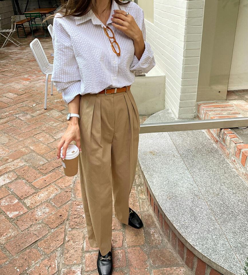 リンクルストライプシャツ・t00021 レディース 【bl】トップス シャツ ストライプ柄 長袖 リンクル 襟 オフィス 大人 会社 通勤 きれいめ 爽やか ドロップショルダー フレンチ 春 秋 韓国ファッション