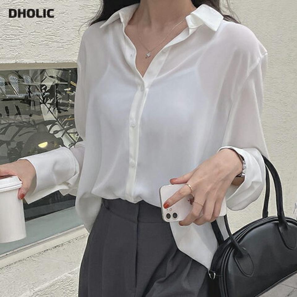 シフォンシャツ・t00035 レディース 【bl】トップス シャツ 長袖 シフォン ゆったり 襟 大人 単色 無地 シンプル ベーシック きれいめ 透け感 シアー 白 ホワイト くすみ 春 秋 韓国ファッション