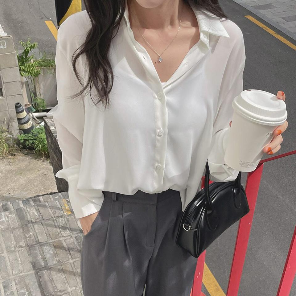 シフォンシャツ・t00035 レディース 【bl】トップス シャツ 長袖 シフォン ゆったり 襟 大人 単色 無地 シンプル ベーシック きれいめ 透け感 シアー 白 ホワイト くすみ 春 秋 韓国ファッション