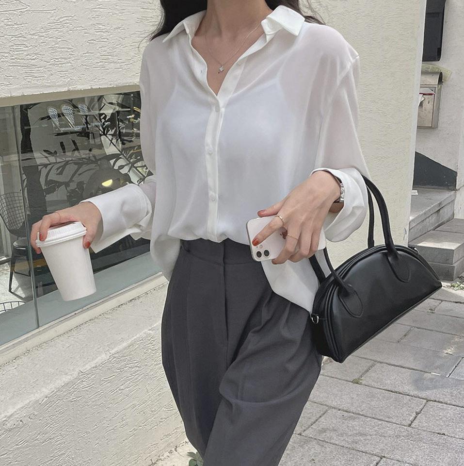 シフォンシャツ・t00035 レディース 【bl】トップス シャツ 長袖 シフォン ゆったり 襟 大人 単色 無地 シンプル ベーシック きれいめ 透け感 シアー 白 ホワイト くすみ 春 秋 韓国ファッション