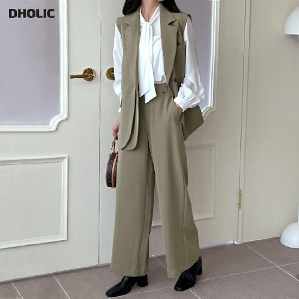 レイヤード調ベスト&ボタンループスラックスSET・b00061 レディース 【pt】セットアップ ベスト テーラード ミドル丈 レイヤード スラックス パンツ ズボン ワイド 単色 無地 シンプル ジレ ハイウエスト クリスマス オケージョン 春 秋 韓国ファッション