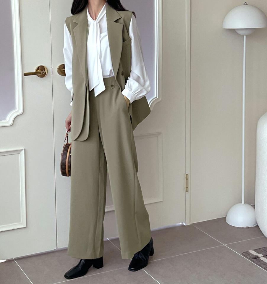 レイヤード調ベスト&ボタンループスラックスSET・b00061 レディース 【pt】セットアップ ベスト テーラード ミドル丈 レイヤード スラックス パンツ ズボン ワイド 単色 無地 シンプル ジレ ハイウエスト クリスマス オケージョン 春 秋 韓国ファッション