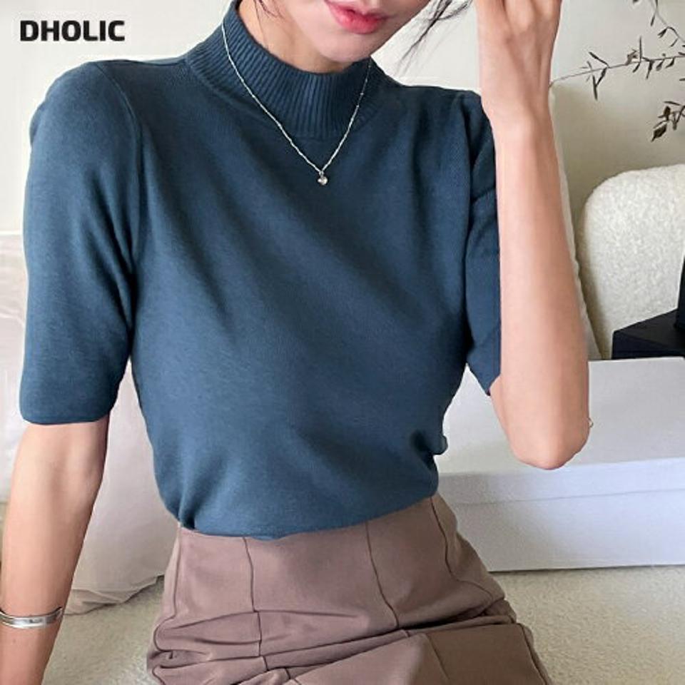 ハーフネック半袖ニット・t00051 レディース 【tops】トップス ニット 半袖 ハーフスリーブ ハーフネック 単色 無地 シンプル ベーシック 大人 きれいめ 青 カジュアル 年上 春 秋 韓国ファッション