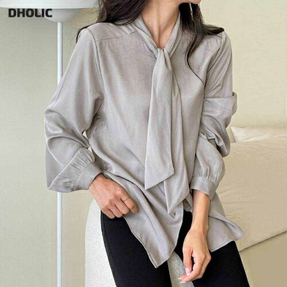 ネックリボンシルキーブラウス・b00054 レディース 【bl】トップス ブラウス 長袖 ボウタイ りぼん リボン シルキー ツヤ 襟コン オケージョン デコラティブ 単色 無地 シンプル 大人 きれいめ オフィス 春 秋 韓国ファッション