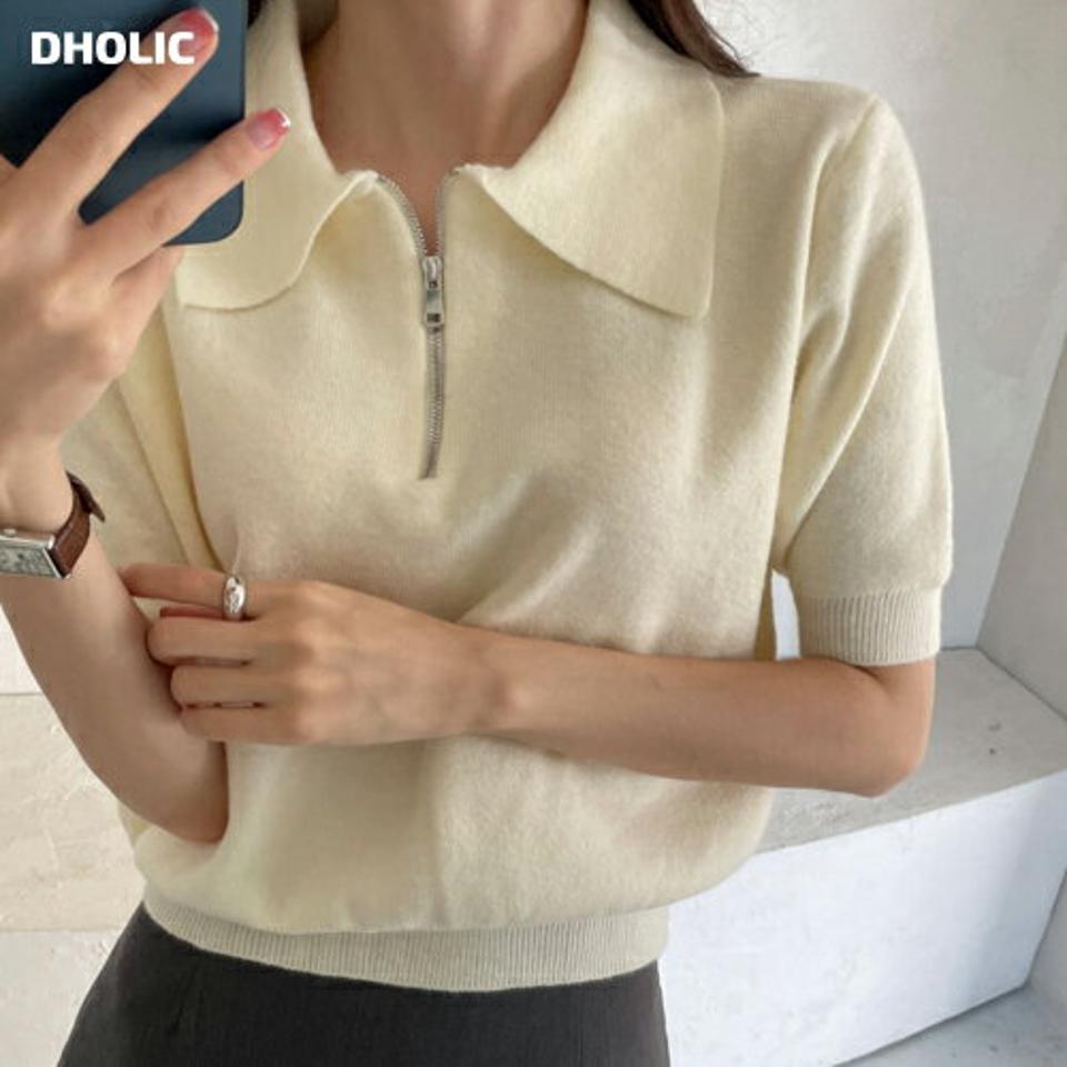 ハーフジップカラーネックニット・t00010 レディース 【tops】トップス ニット 半袖 ハーフジップ 襟 単色 無地 シンプル ベーシック 大人 カジュアル 春 秋 韓国ファッション