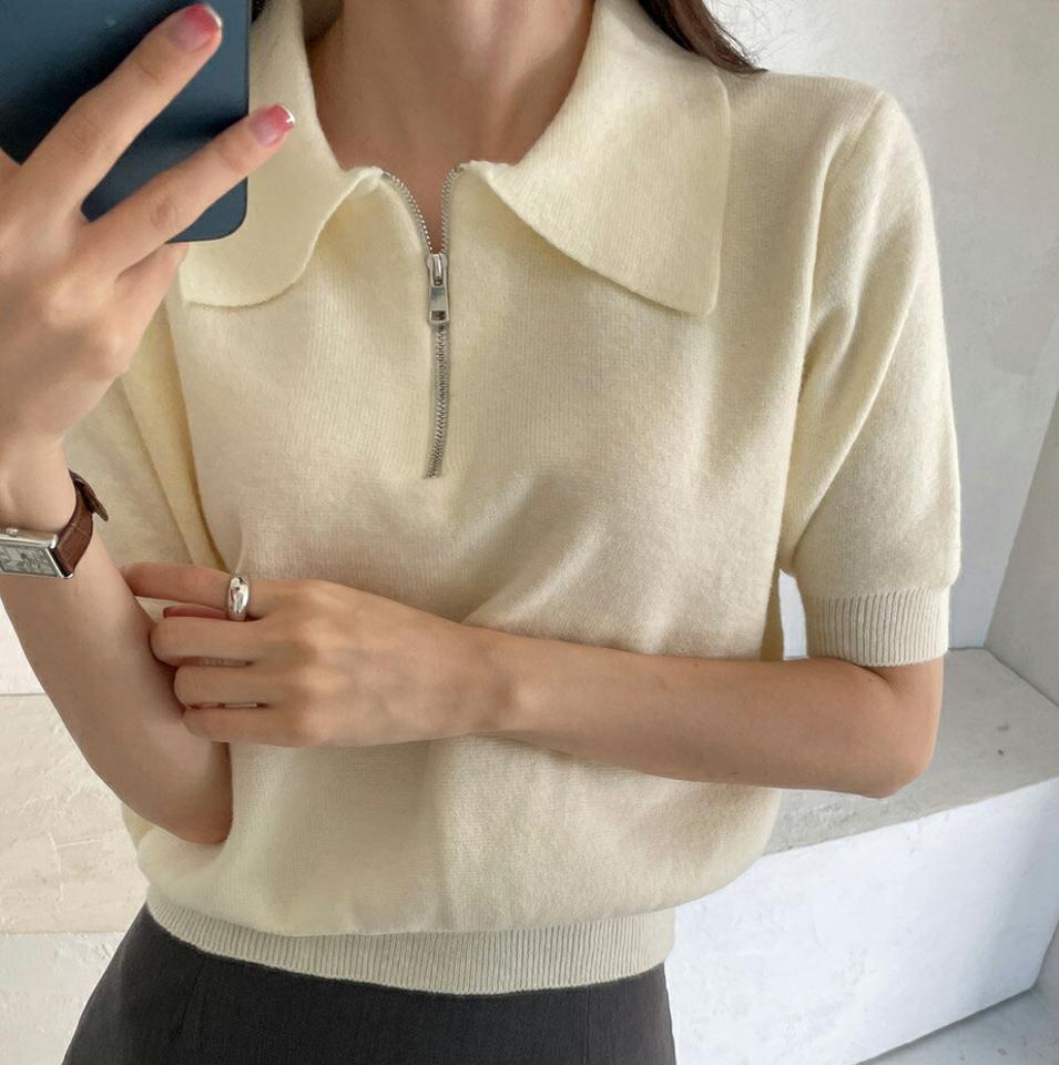 ハーフジップカラーネックニット・t00010 レディース 【tops】トップス ニット 半袖 ハーフジップ 襟 単色 無地 シンプル ベーシック 大人 カジュアル 春 秋 韓国ファッション