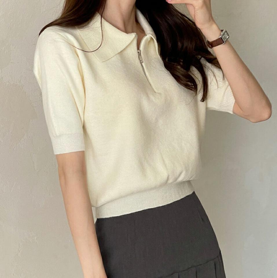 ハーフジップカラーネックニット・t00010 レディース 【tops】トップス ニット 半袖 ハーフジップ 襟 単色 無地 シンプル ベーシック 大人 カジュアル 春 秋 韓国ファッション