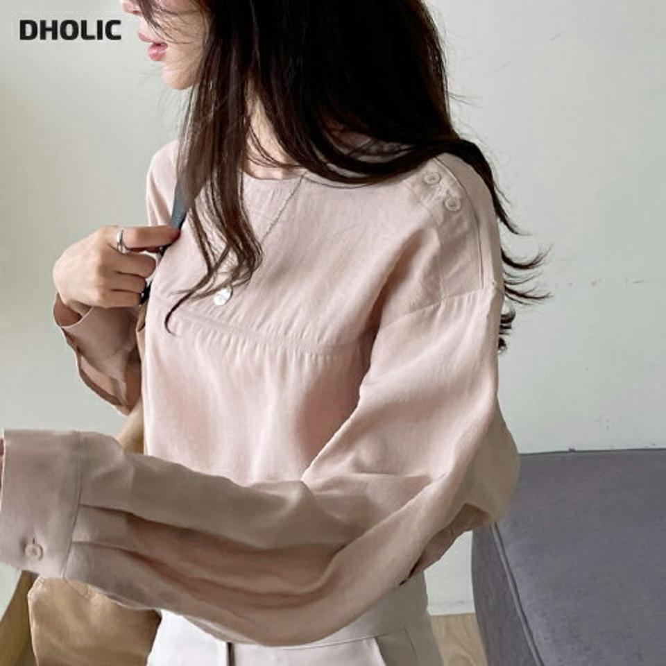 モダール混ショルダーボタンブラウス・t00013 レディース 【bl】トップス ブラウス 長袖 モダール ボタン ユニーク 単色 シンプル カジュアル ラウンドネック タック ピンク 春 秋 韓国ファッション