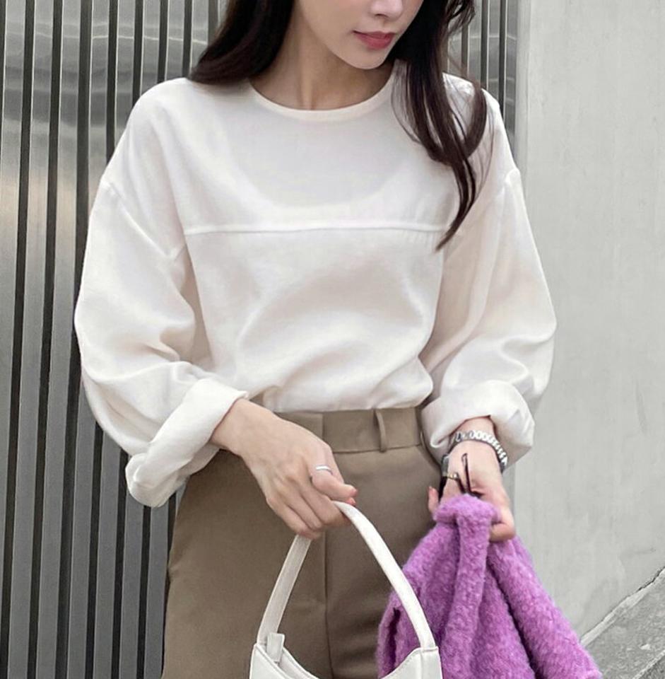 モダール混ショルダーボタンブラウス・t00013 レディース 【bl】トップス ブラウス 長袖 モダール ボタン ユニーク 単色 シンプル カジュアル ラウンドネック タック ピンク 春 秋 韓国ファッション