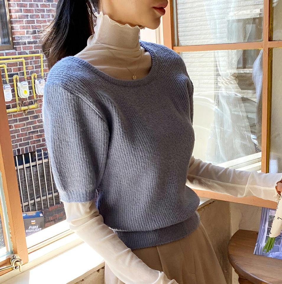 Uネック半袖ニット・t00004 レディース 【tops】トップス ニット 半袖 二の腕カバー Uネック 単色 無地 シンプル ベーシック カジュアル 大人 年上 春 秋 韓国ファッション
