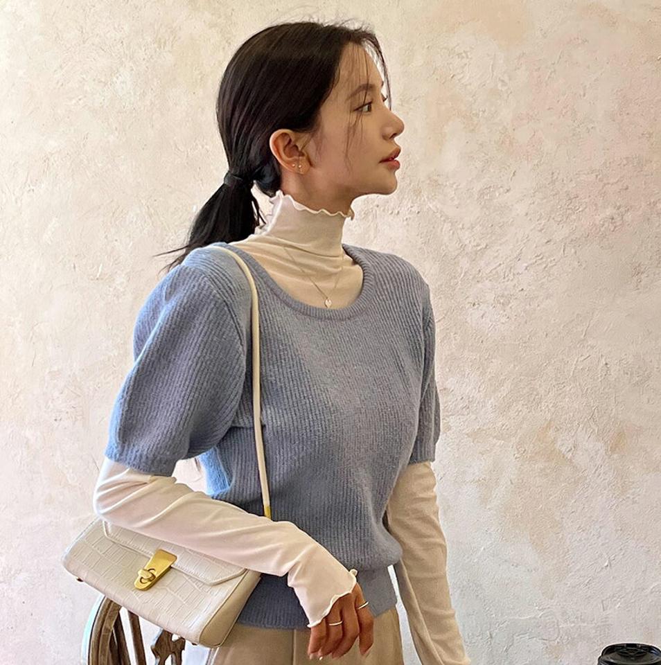Uネック半袖ニット・t00004 レディース 【tops】トップス ニット 半袖 二の腕カバー Uネック 単色 無地 シンプル ベーシック カジュアル 大人 年上 春 秋 韓国ファッション