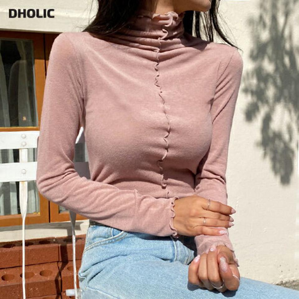 メロウラインハイネックTシャツ・t00002 レディース 【tops】トップス Tシャツ ロンT メロウ ライン 長袖 ハイネック ユニーク スリム ピンク 大人 カジュアル かわいい 春 秋 韓国ファッション