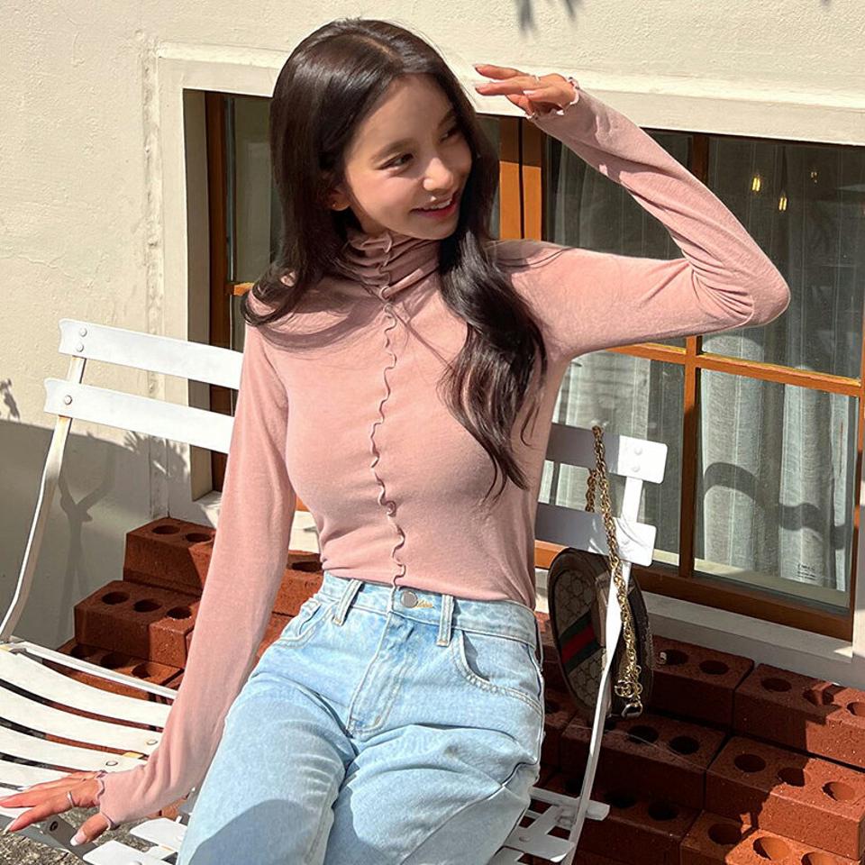 メロウラインハイネックTシャツ・t00002 レディース 【tops】トップス Tシャツ ロンT メロウ ライン 長袖 ハイネック ユニーク スリム ピンク 大人 カジュアル かわいい 春 秋 韓国ファッション