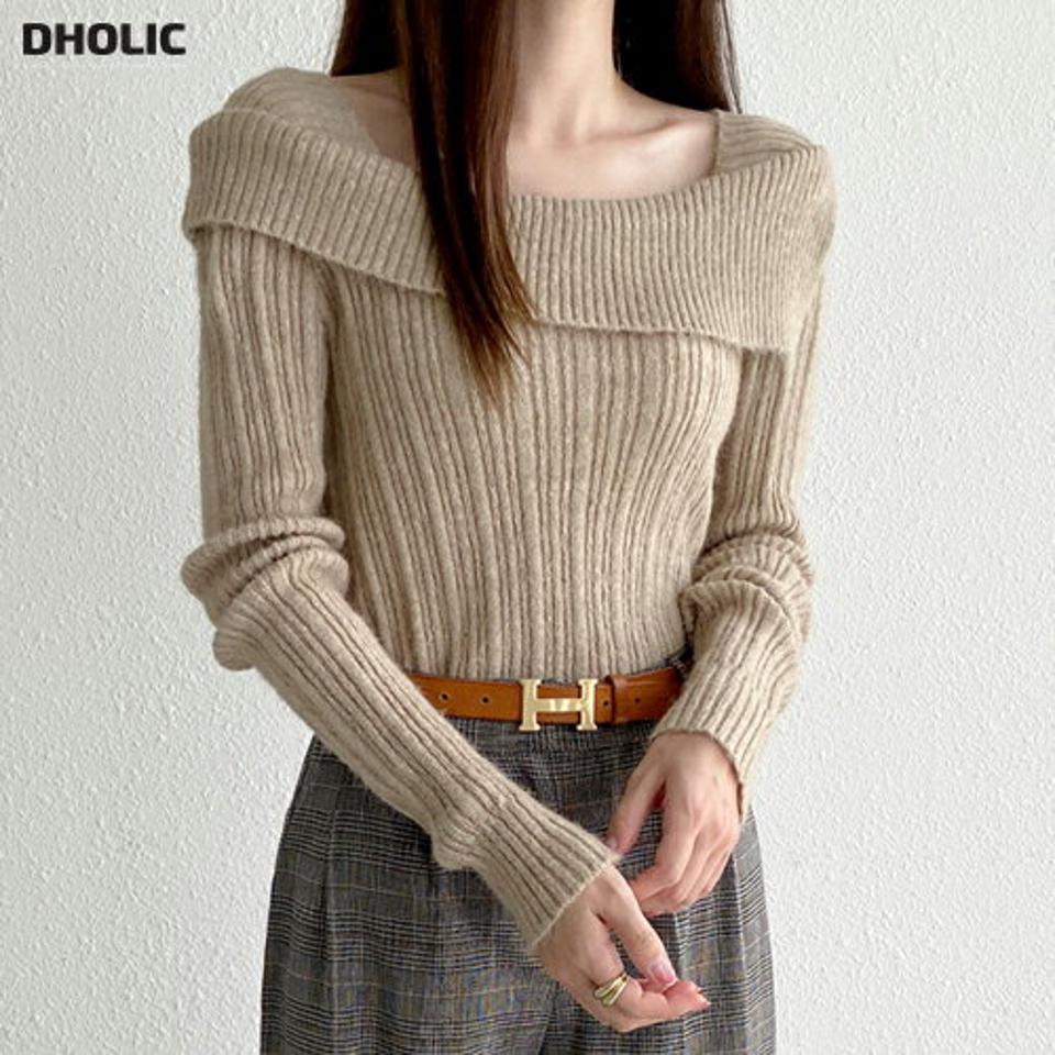 ウール混アンバランスショルダーニット・t00019 レディース 【tops】トップス ニット 長袖 アンバランス ウール デコルテ 鎖骨 ユニーク 大人 レディ カジュアル スリム リブ 襟コン スリム 秋 冬 ワンホン 韓国ファッション