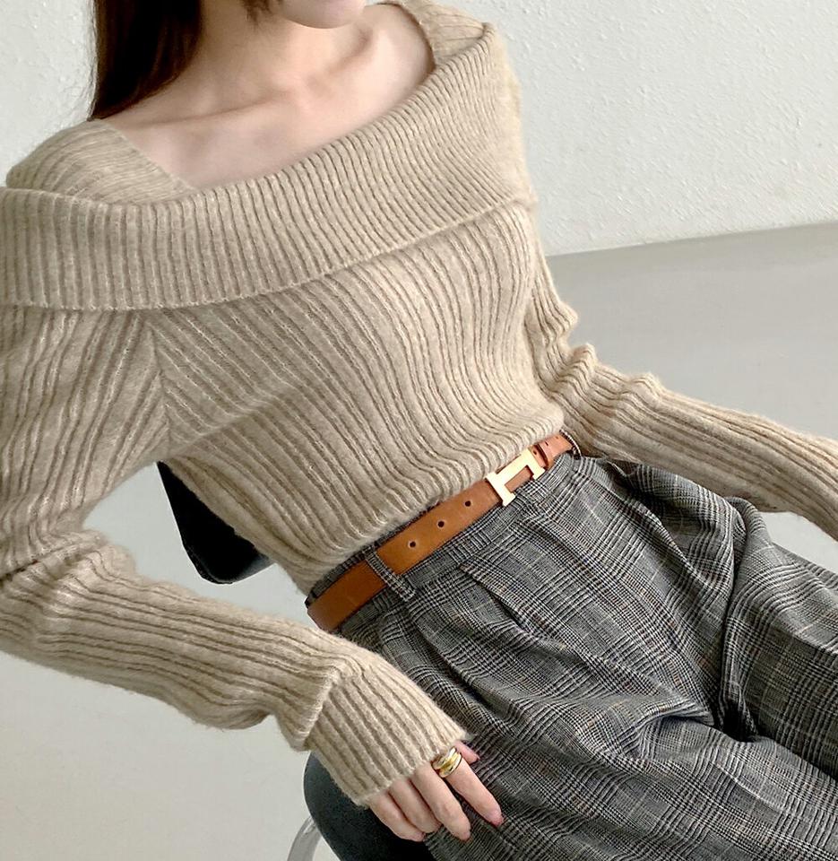 ウール混アンバランスショルダーニット・t00019 レディース 【tops】トップス ニット 長袖 アンバランス ウール デコルテ 鎖骨 ユニーク 大人 レディ カジュアル スリム リブ 襟コン スリム 秋 冬 ワンホン 韓国ファッション