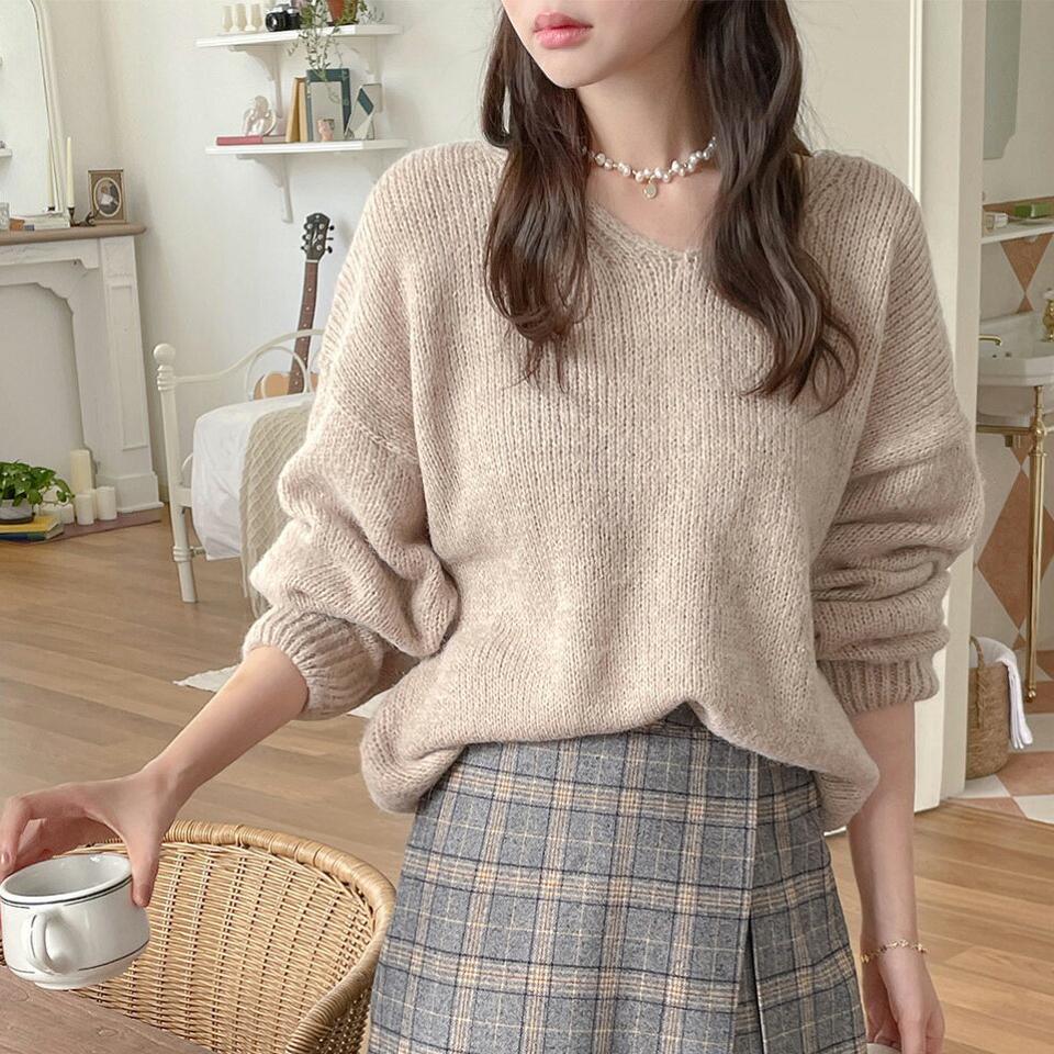 アルパカ混Vネックルーズニット・t00044 レディース 【tops】トップス ニット 長袖 Vネック アルパカ 単色 無地 シンプル ベーシック カジュアル ラフ グレー 華奢見え ドロップショルダー ウール メランジカラー ルーズ 秋 冬 韓国ファッション 人気