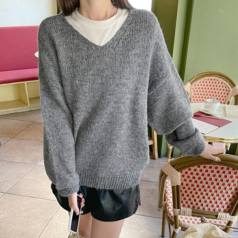 アルパカ混Vネックルーズニット・t00044 レディース 【tops】トップス ニット 長袖 Vネック アルパカ 単色 無地 シンプル ベーシック カジュアル ラフ グレー 華奢見え ドロップショルダー ウール メランジカラー ルーズ 秋 冬 韓国ファッション 人気