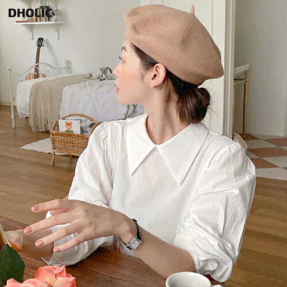 コットンカラーパフブラウス・t00043 レディース 【bl】トップス ブラウス パフスリーブ 長袖 襟コン コットン 綿 単色 無地 シンプル かわいい 可愛い ガーリー フレンチ 白 ホワイト スクールガール 大きい襟 春 秋 韓国ファッション