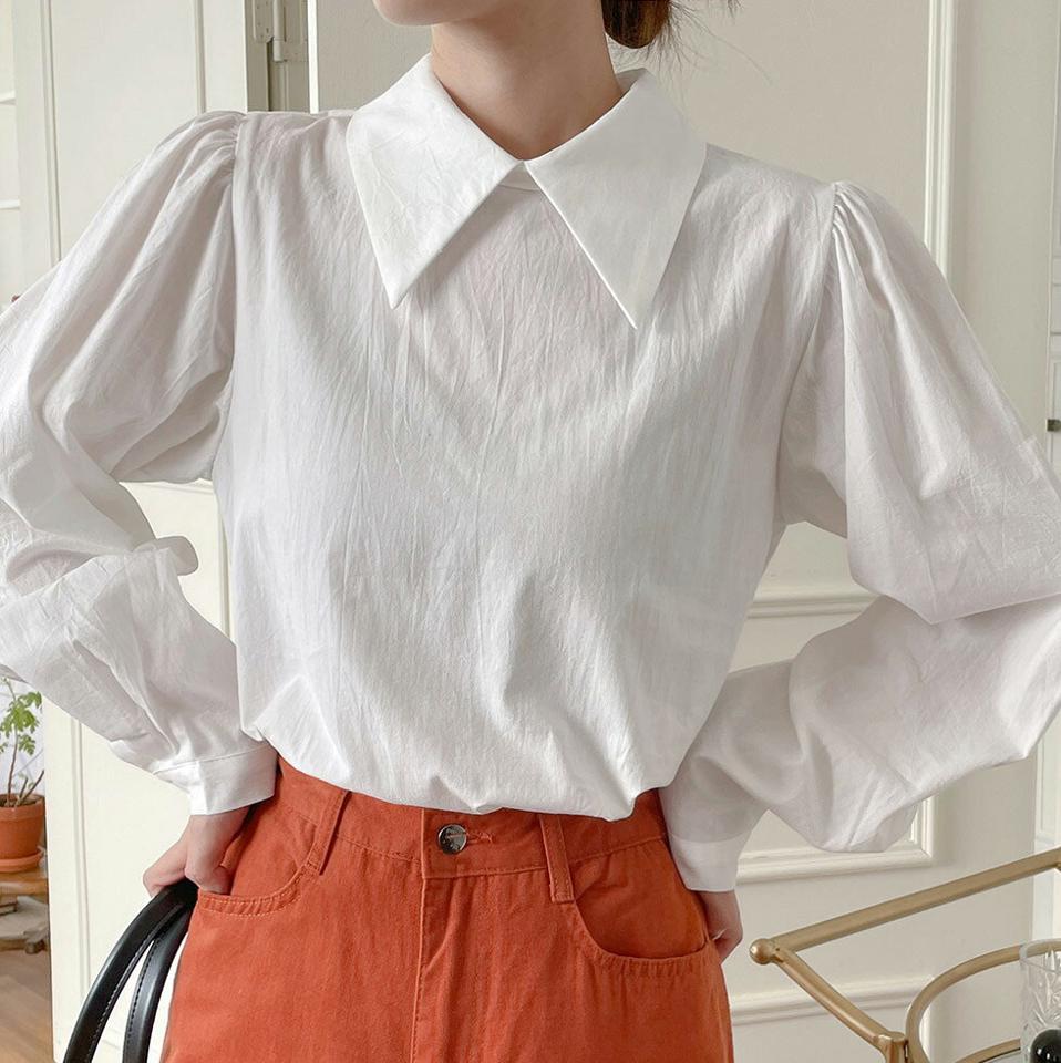 コットンカラーパフブラウス・t00043 レディース 【bl】トップス ブラウス パフスリーブ 長袖 襟コン コットン 綿 単色 無地 シンプル かわいい 可愛い ガーリー フレンチ 白 ホワイト スクールガール 大きい襟 春 秋 韓国ファッション